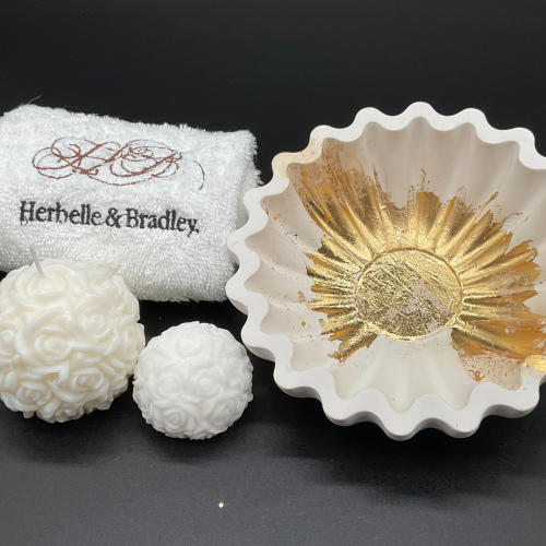 Handmade Rose Candle, Soap, Cotton Cloth, Gold Leaf Stonecast Dish Gift Set