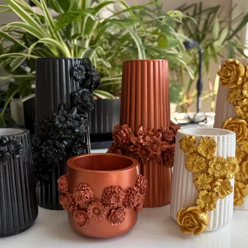 Handmade Stonecast 3-piece Set • Sculpted Floral Metallic Vase and Containers